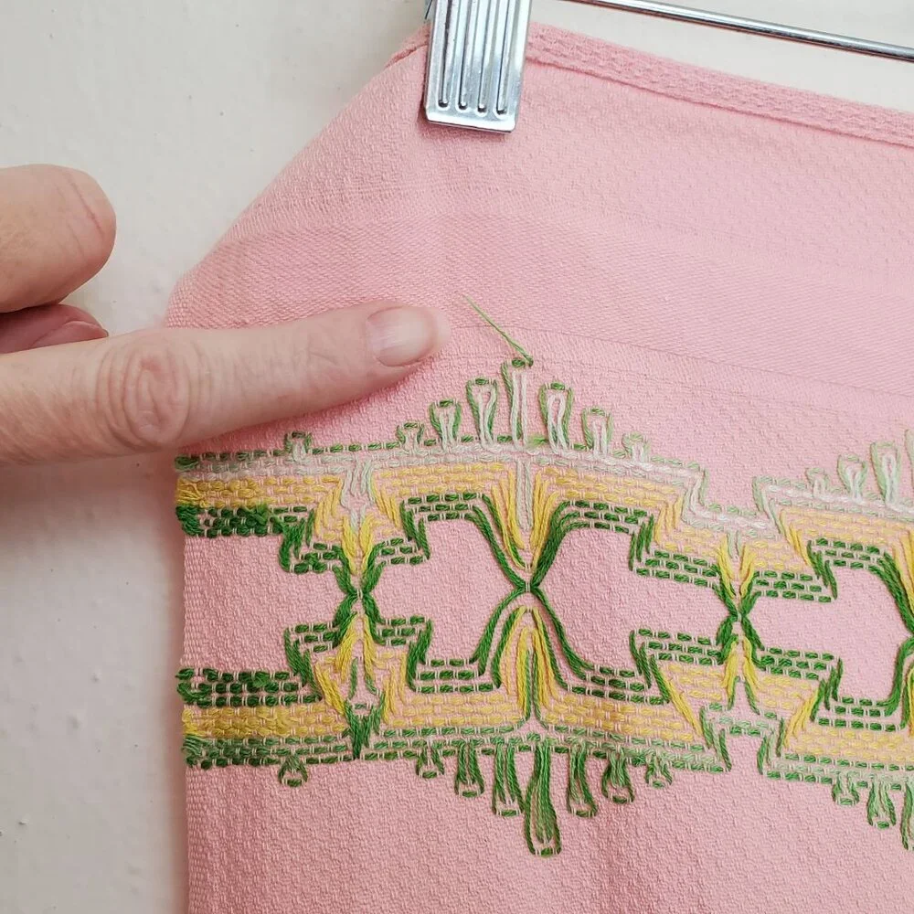 Vintage Cannon pink tea towel, green embroidery